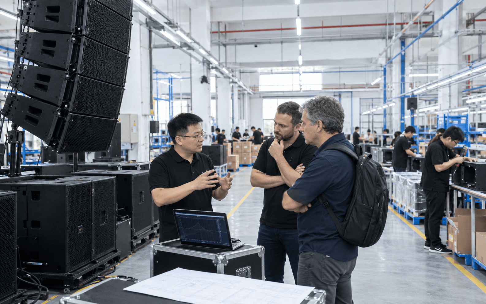 Professional audio engineers and B2B visitors reviewing a line-array system