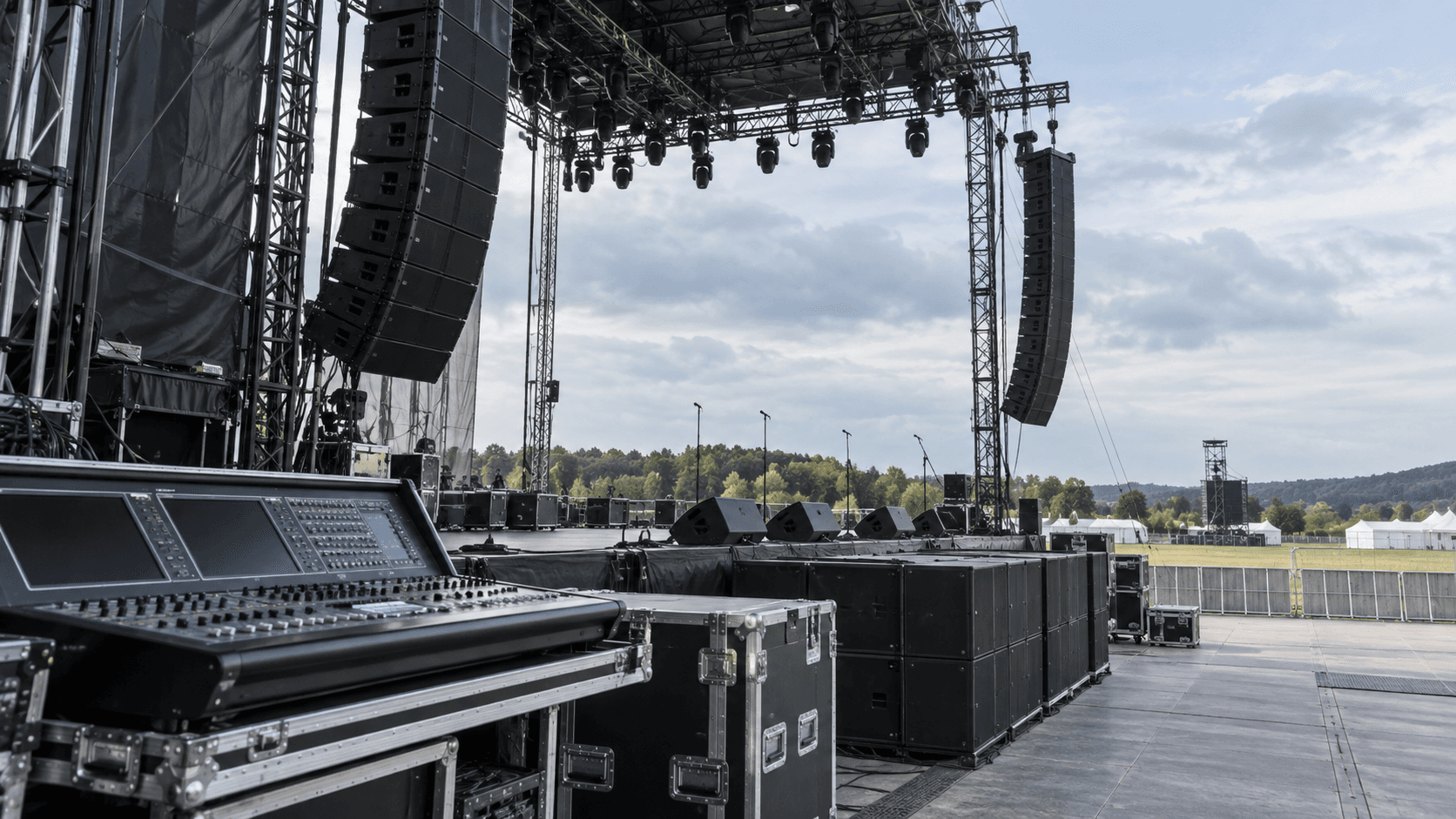 Outdoor professional stage audio system with line arrays and a mixing console
